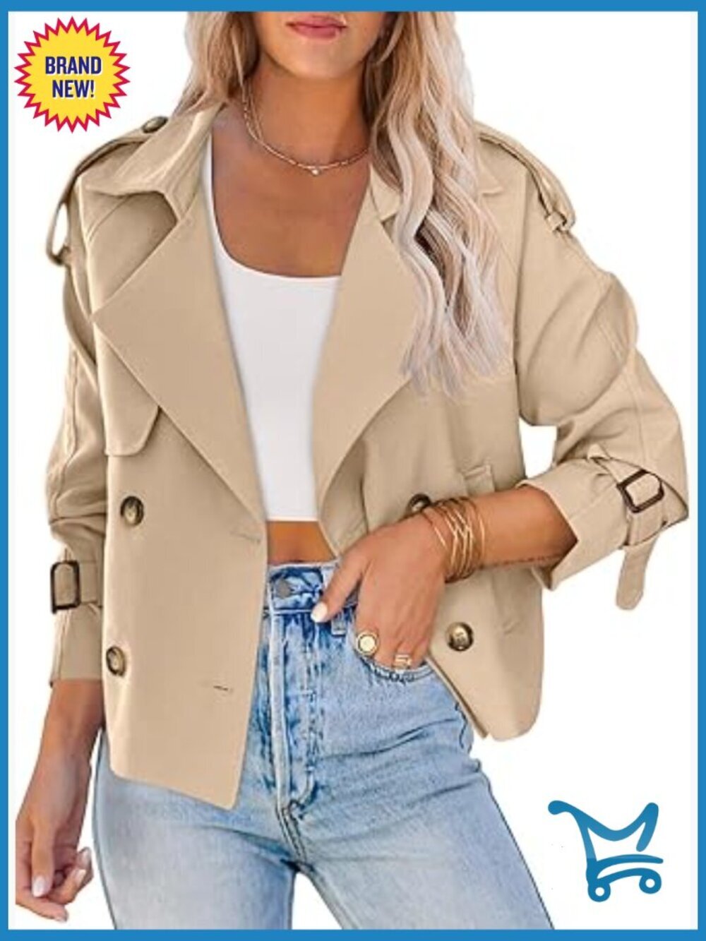 Crop Double Breasted Trench Coat Work Office Jacket with Pockets